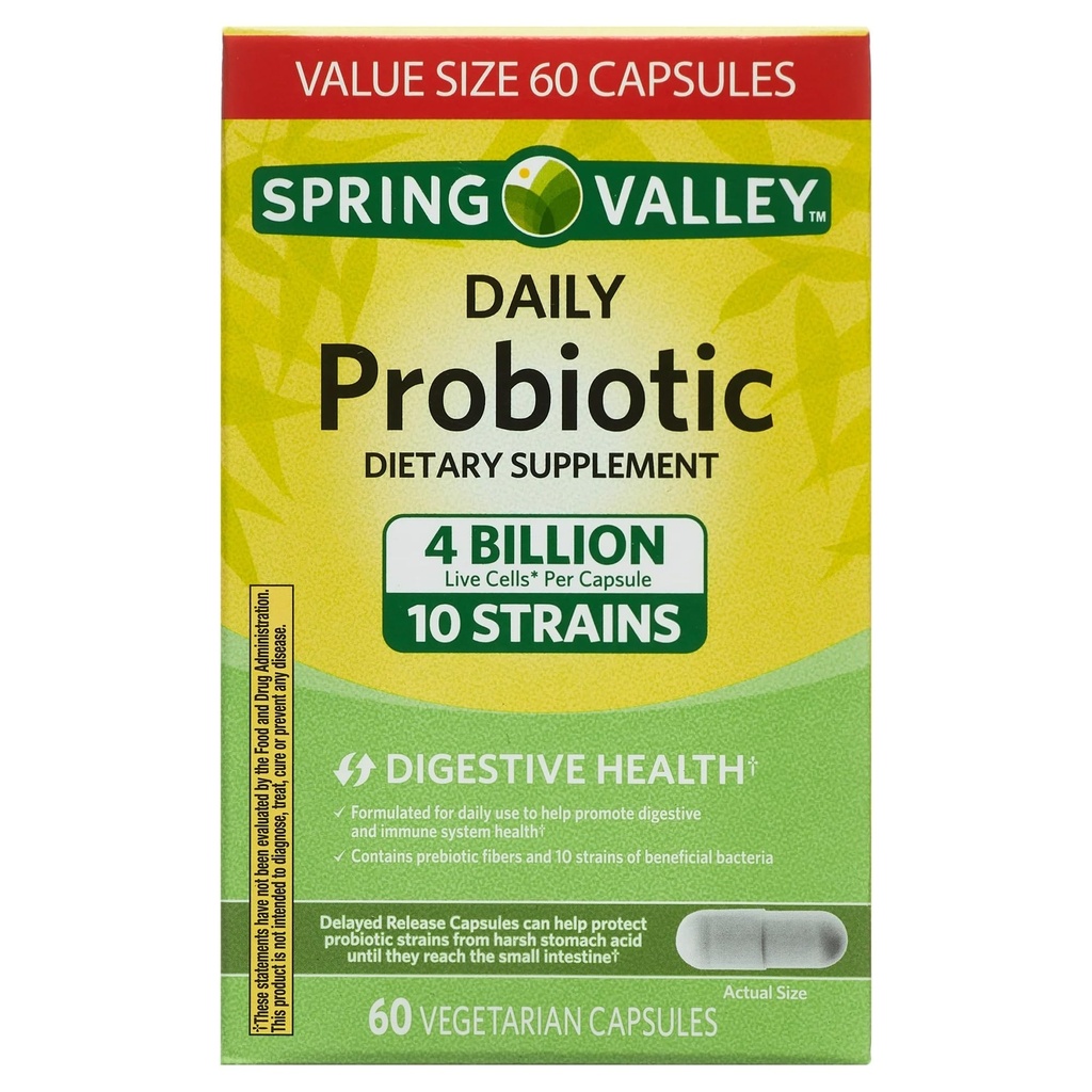 Spring Valley Daily Probiotic Dietary Supplement, 4 Billion, 60 Vegetarian Capsules