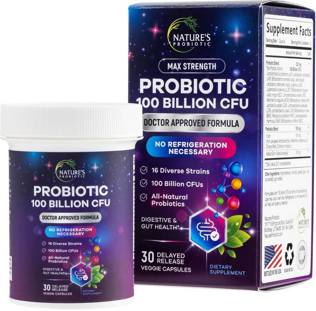 Probiotics for Digestive Health - Probiotic Blend 100 Billion CFU Per Capsule - 16 Premium Strains & Prebiotics for Women & Men, Occasional Constipation, Gas, Gut, Immune Health Support - 30 Capsules