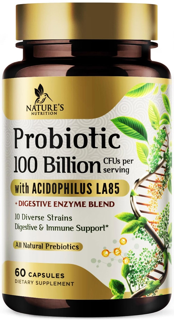 Probiotics 100 Billion CFU per Serving - 10 Strains & Prebiotics - Digestive Health, Gut & Immune Support - Supports Occasional Constipation, Gas & Bloating - Shelf Stable Bottled USA - 60 Capsules