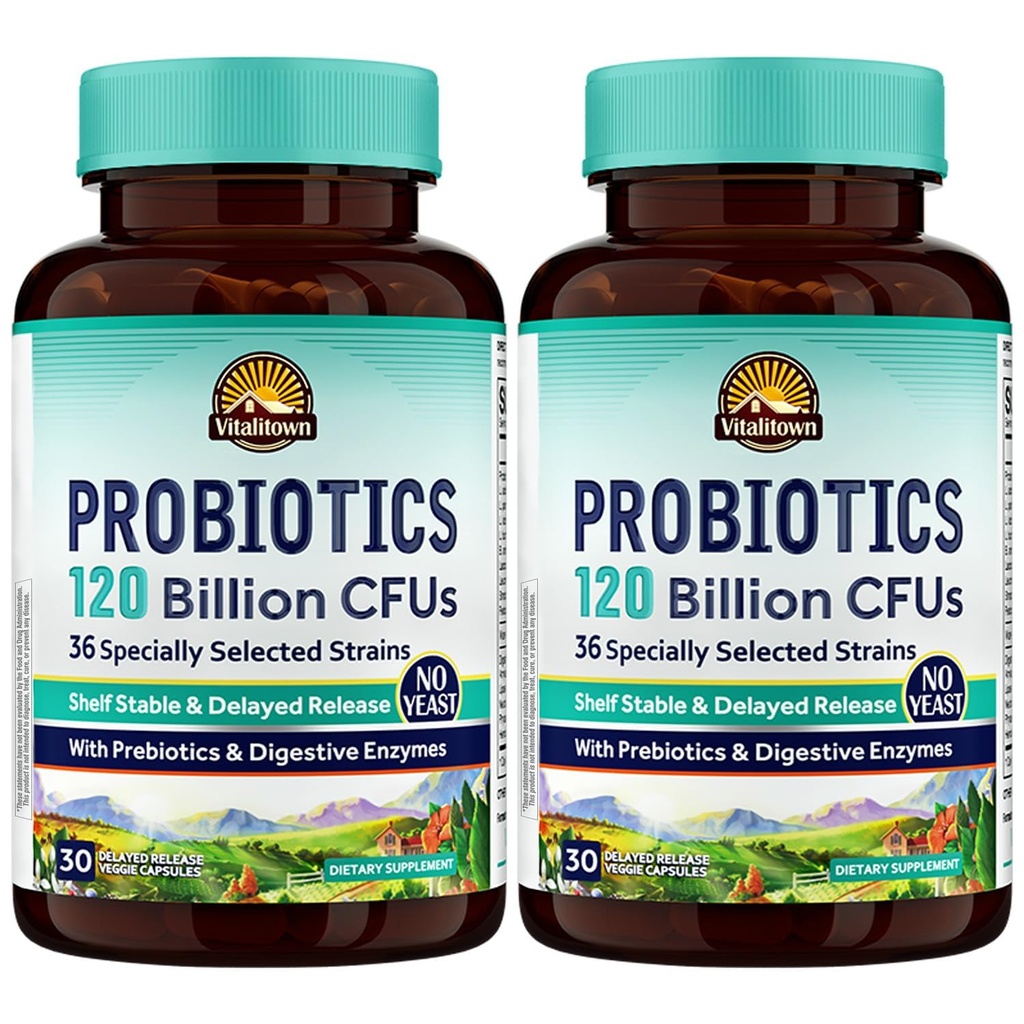 Vitalitown Probiotics 120 Billion CFUs | 36 Strains, with Prebiotics & Digestive Enzymes for Men Women | Shelf Stable | Digestive & Immune Support | Vegan | 60 Delayed Release Veg Caps