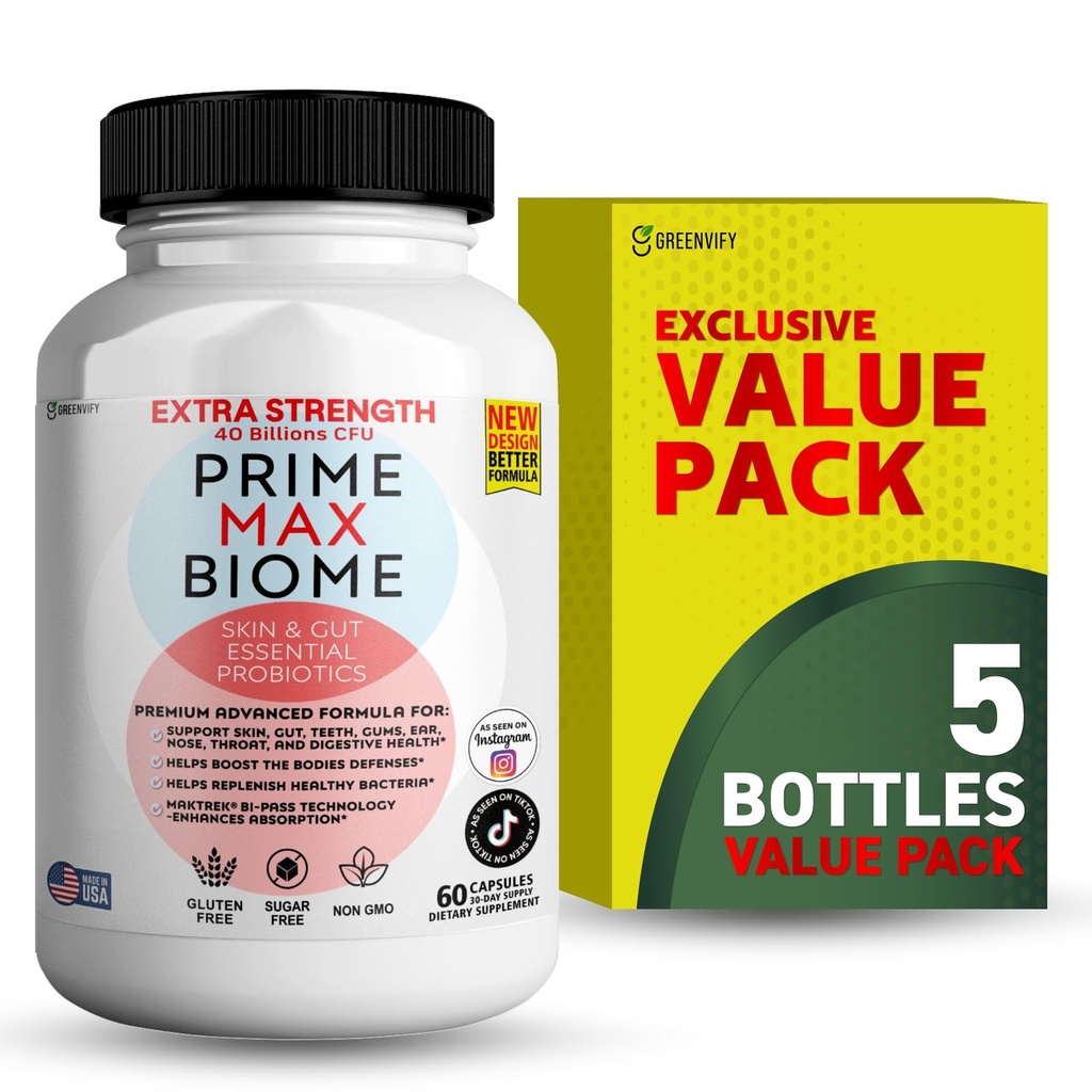 Probiotics 40 Billion CFU – Extra Strength Skin & Gut Support with MAKTrek® Bi-Pass Technology – 4 Strains + Prebiotics – Non-GMO, Gluten-Free, 60 Capsules (5)