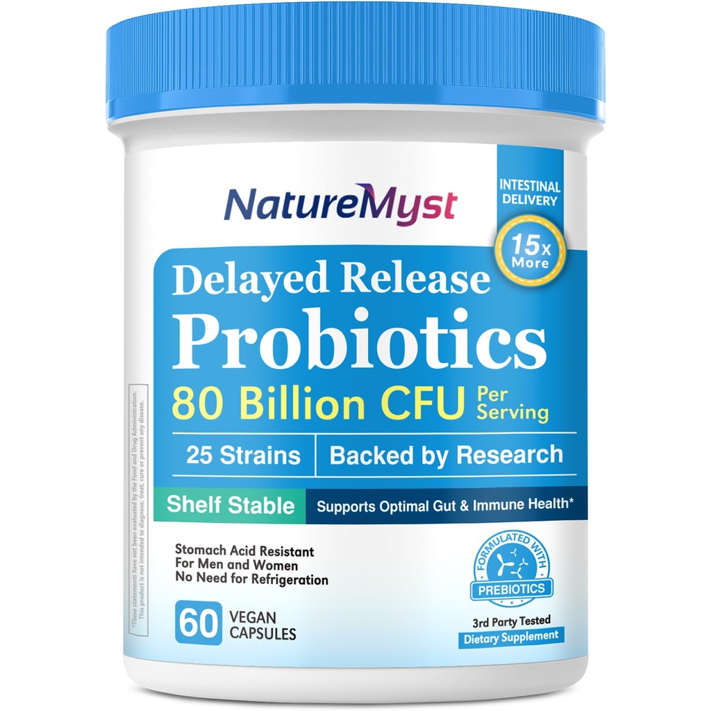Probiotics, for Men and Women, 80 Billion CFU, 25 Strains, Plus Prebiotic Blend, Gut & Immune Health, Intestinal Balance, Shelf Stable, Delayed Release, 60 Vegan Capsules