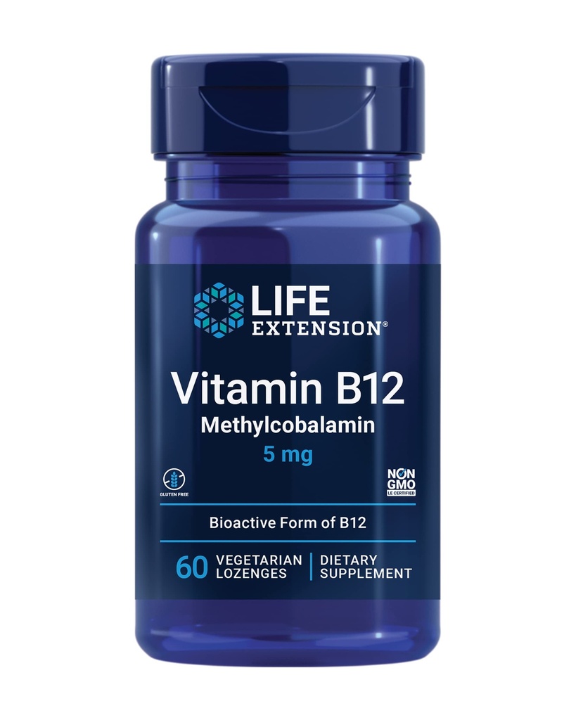 Life Extension Vitamin B12 Methylcobalamin, Nerve Health Supplement, Cognitive Support, Energy Vitamin, methylcobalamin B12, 5 mg, Quick-Dissolving, Gluten-Free, Non-GMO, Vegetarian, 60 lozenges