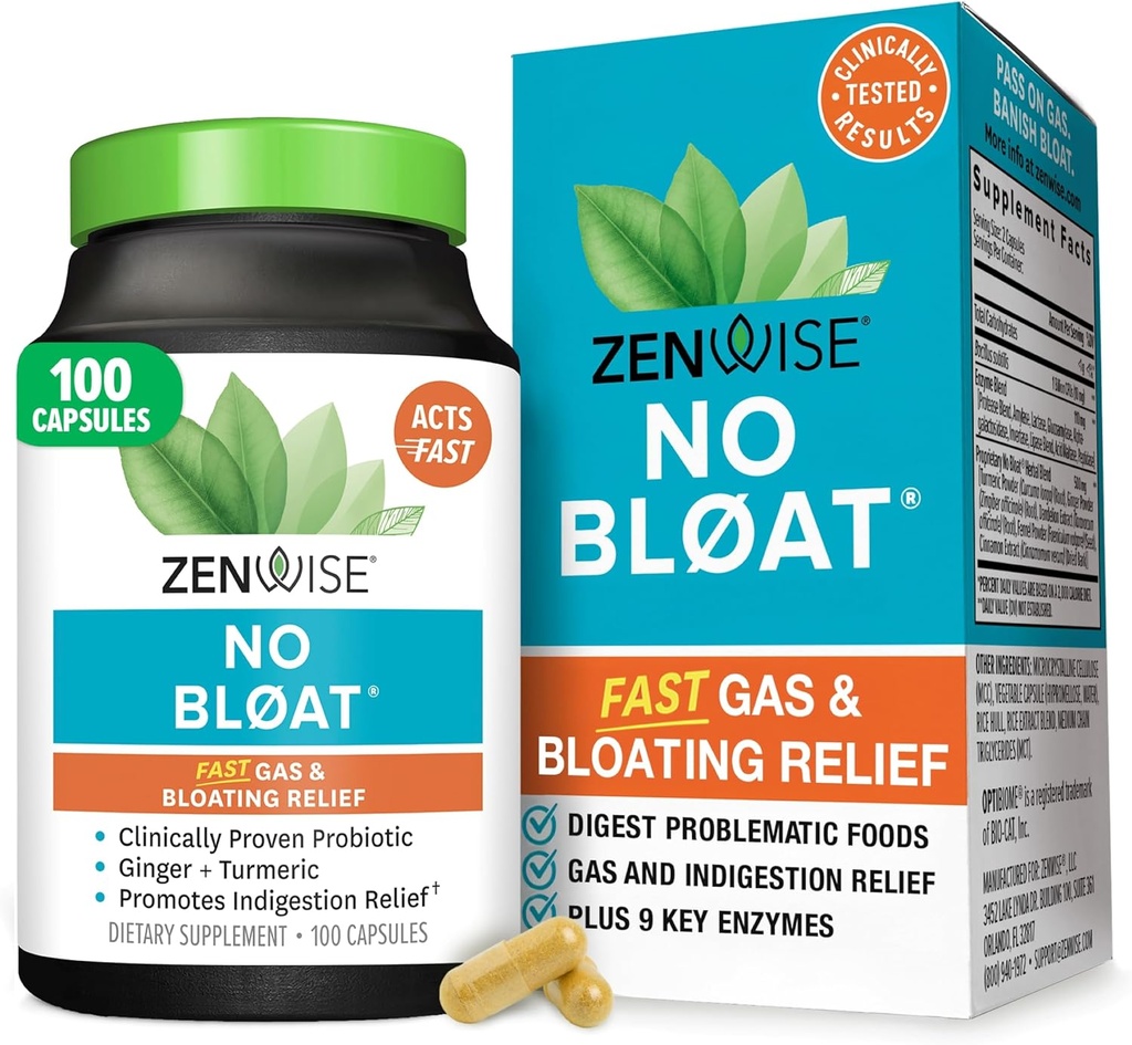 Zenwise Health No Bloat Digestive Enzymes for Gut Health, Gas & Bloating Relief - Multi Enzymes Digestion Supplement with Probiotics, Ginger, Turmeric Dandelion & Lactase - Άνδρες & Γυναίκες - 100 Count