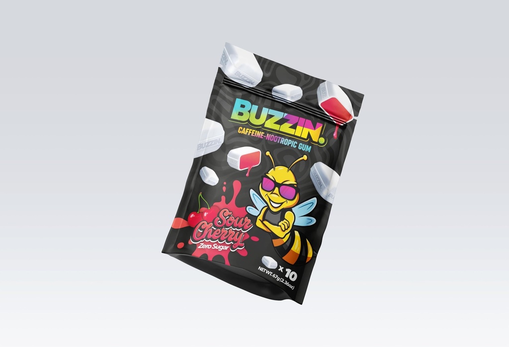 Buzzin Sour Cherry Energy Gum, Liquid Core, 10 Pieces, Individually Wrapped, Natural Green Tea Caffeine & 40mg L-Theanine
