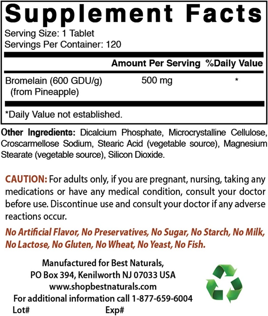Best Naturals Bromelain 500 mg & Γλυκινικό μαγνήσιο 425 mg