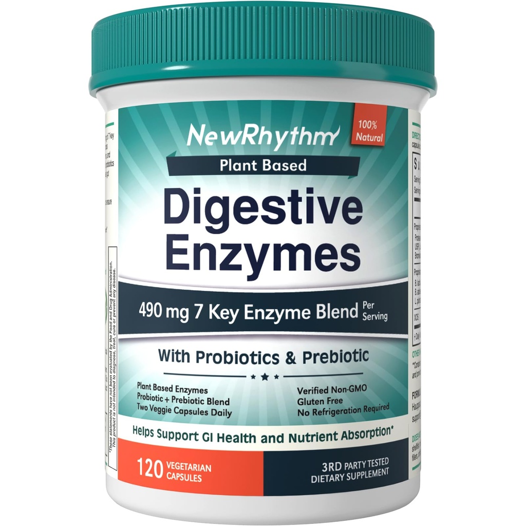 NewRhythm Digestive Enzymes 490 mg, με προβιοτικά & προβιοτικά, Plant Based, 7 Key Enzymes, Digestion, Nutrient Absorption, Protease Amylase & Lipase, 120 Vegan Capsles