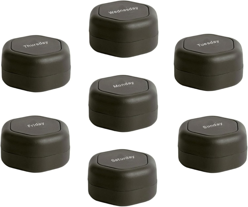Cadence Travel Containers - Pill Case Set - Μαγνητικές Κάψουλες Ταξιδιών,Καθημερινός Οργανωτής Ιατρικής για Χάπια, Συμπληρώματα, & Βιταμίνες - 7 Flex Smalls (0.56oz) για Εβδομαδιαία Διοργανωτής Χάπια - Ανθρακωρύχος