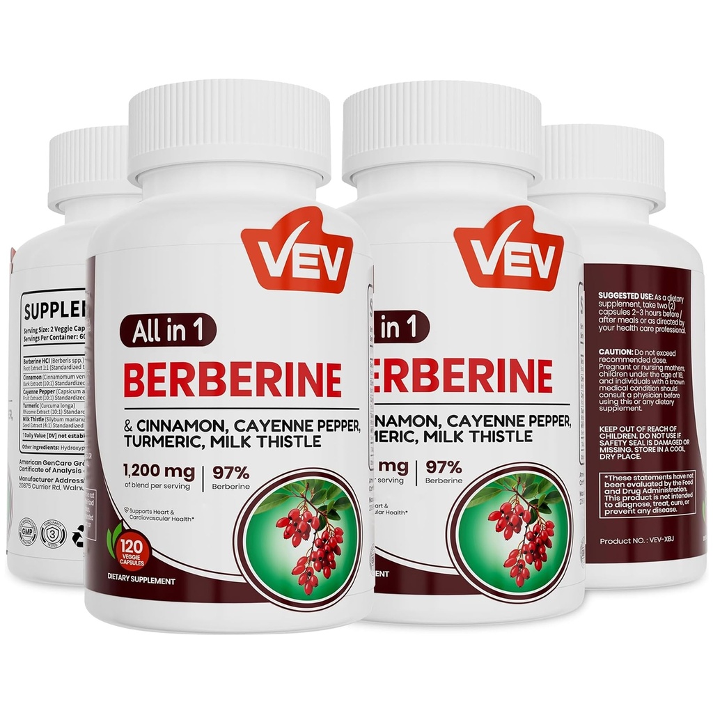 VEV Berberine Supplement with Ceylon Cinnamon for Daily Wellness Support– 2 Bottles (240 Capsules Total)