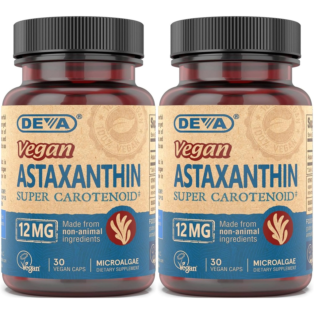 DEVA Vegan Astaxanthin 12mg Capsules 2-Pack – Free-Radical Scavenging Carotenoid Made from Microalgae, 30 Count Ea