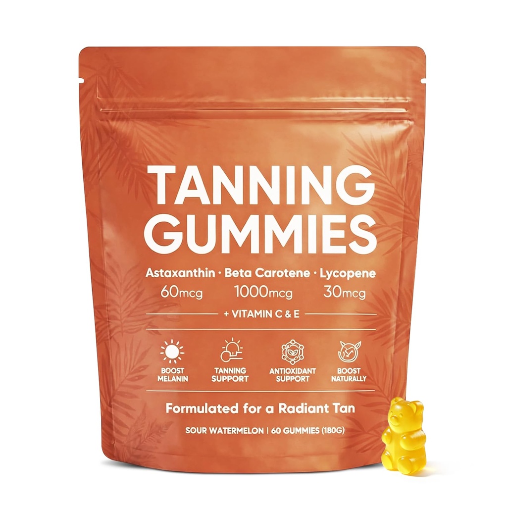 Savanna Skin Tanning Gummies, with Astaxanthin, Lycopene & Vitamins, Skin Radiance & Hydration for Natural Looking Glow, Non-GMO Vegan Sugar-Free, 60 Count