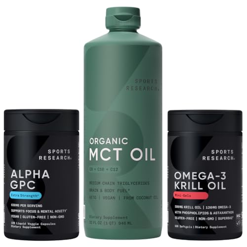 Sports Research® Brain Fuel Pack - Extra Strength Alpha GPC 630mg + Omega-3 Krill Oil 500mg Mini Gels + Organic MCT Oil (C8, C10, C12)