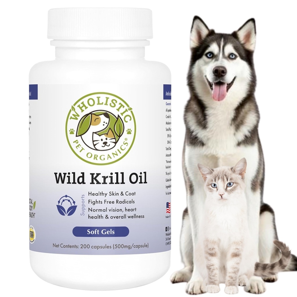 Wholistic Pet Organics Krill Oil for Dogs and Cats - Premium Antioxidant Support for Pets - Cat and Dog Skin and Coat Supplement with EPA, DHA, Astaxanthin - Omega 3 for Dogs and Cats - 200 Soft Gels