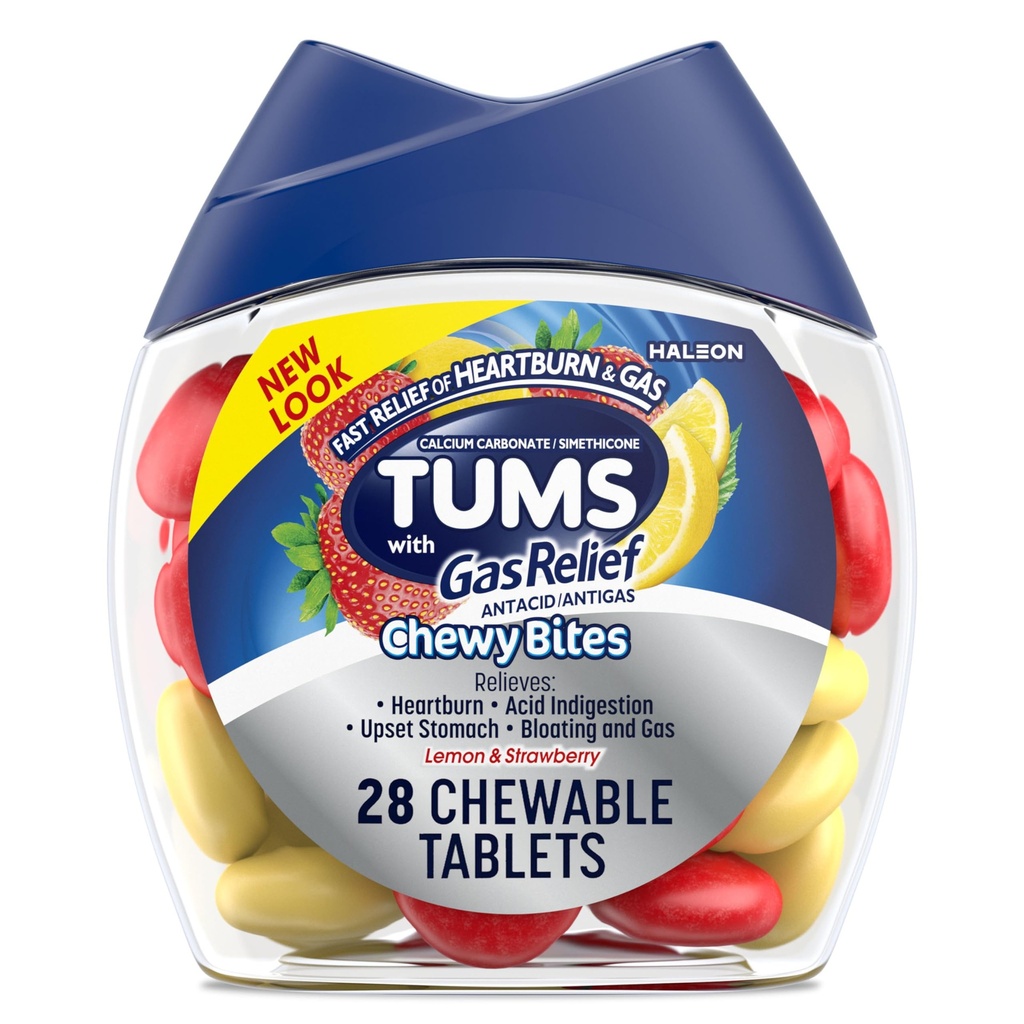 TUMS Chewy Bites Chewable Antacid Tablets with Gas Relief, Lemon & Strawberry - 28 Count