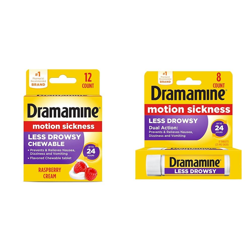 Dramamine Motion Sickness Relief Less Drowsy Chewable Raspberry Cream Flavor Tablets 12 Count and Tablets 8 Count Bundle