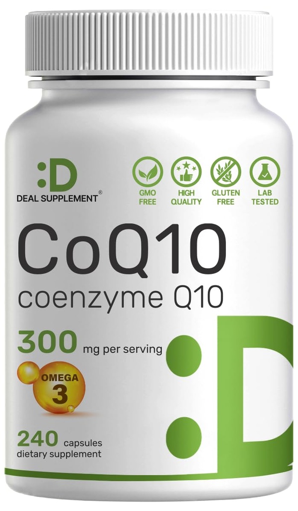 DEAL SUPPLEMENT CoQ10 300mg with Omega 3 100mg, 240 Capsules | Bioavailable Coenzyme Q10 Formula | Supports Heart, Energy & Brain Health | Antioxidant Support | Non-GMO