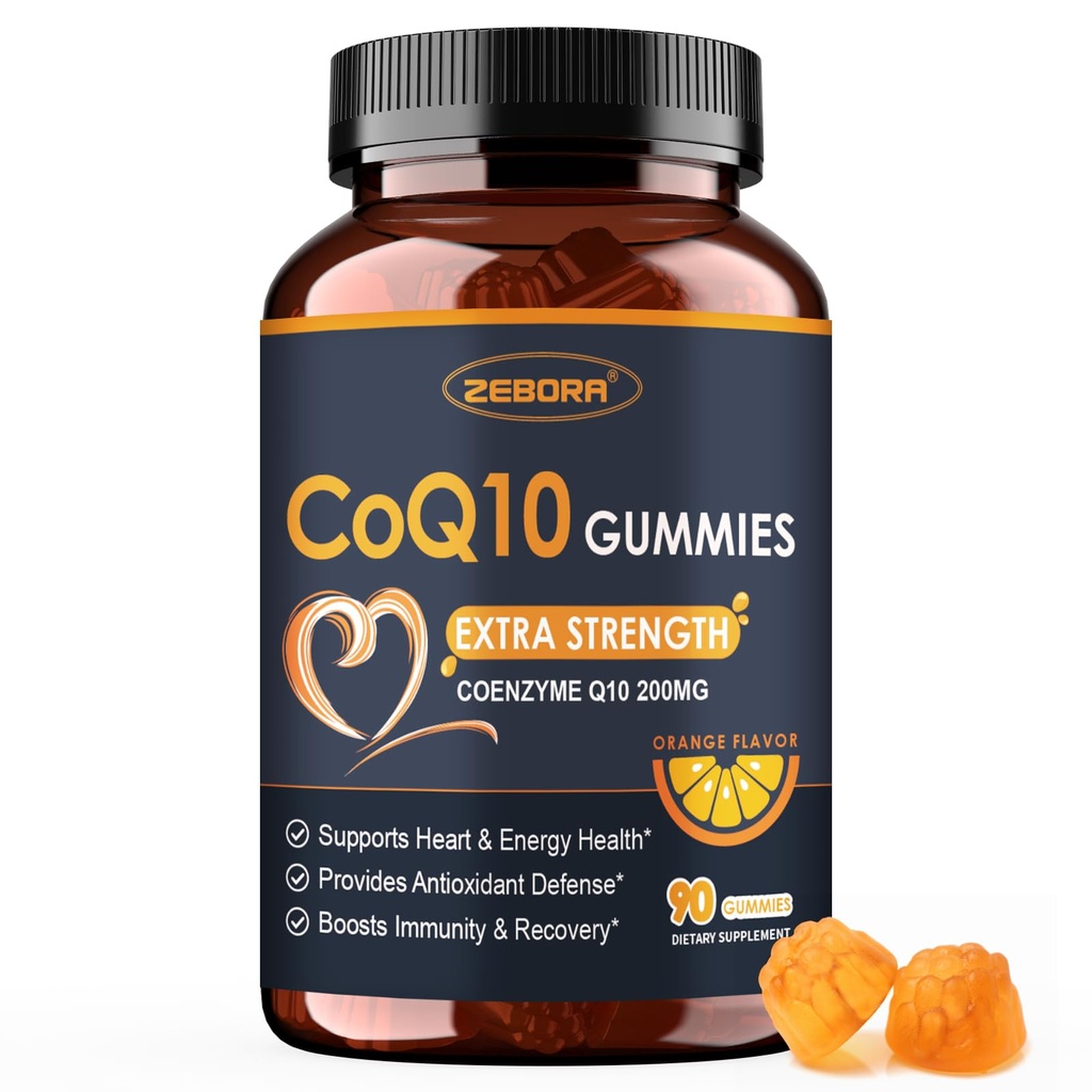 ZEBORA CoQ10 200mg Gummies, Coenzyme Q10 for Heart & Immune Health Support, Powerful Antioxidant, Boosts Energy, Natural Orange Flavor, Non-GMO, 90 Gummies
