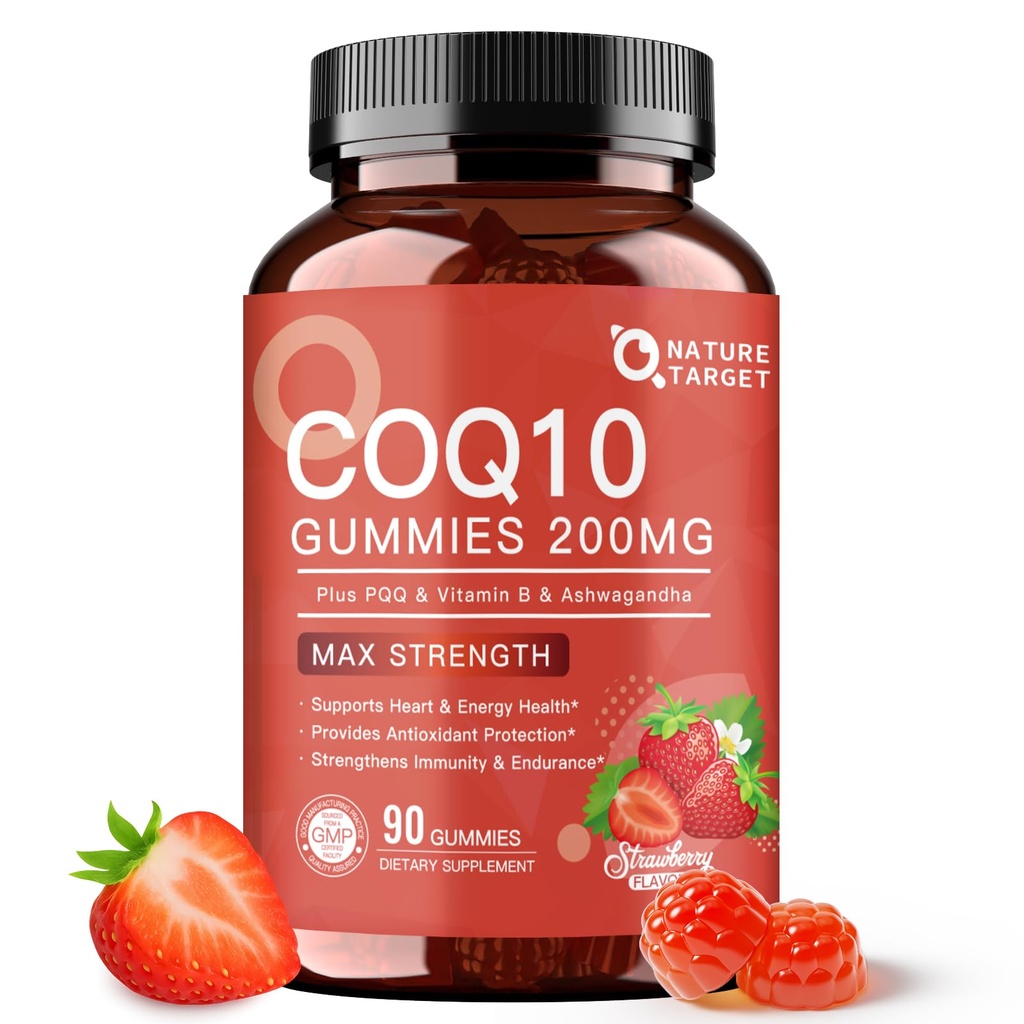 NATURE TARGET CoQ10 Gummies 200mg – Υψηλή απορρόφηση συνένζυμο Q10 Συμπληρώματα για την καρδιά, την ενέργεια και το αντιοξειδωτικό με PQQ, Zinc & Ashwagandha, Frawry Flavor, 90 Count