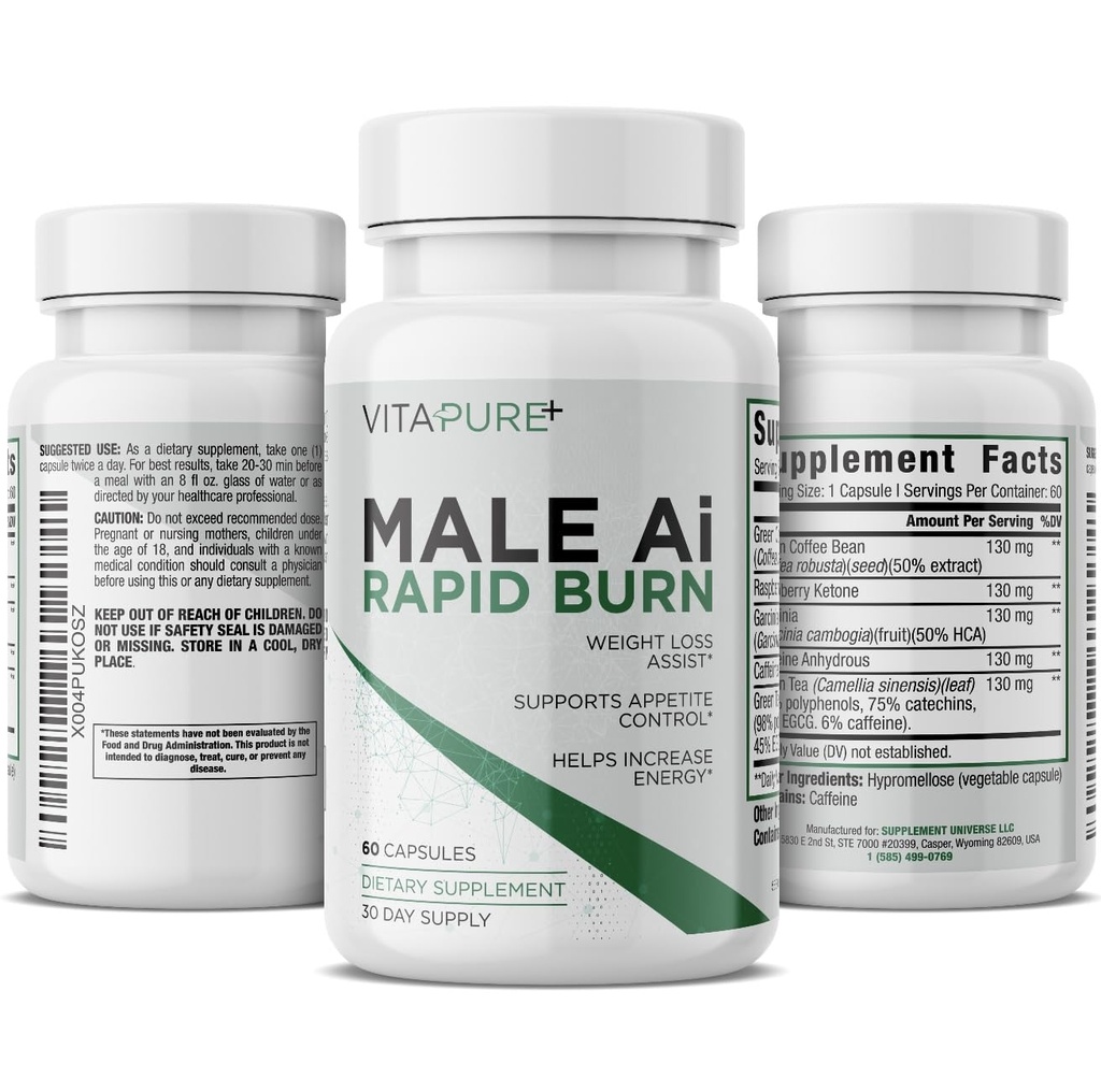 Male Ai Rapid Fat Burner for Men | Supports GLP-1 Pathway Function for Weight Loss | Appetite Suppressant, Energy Booster, Unisex Diet Pills | 3rd Party Tested Formula - 60 Capsules