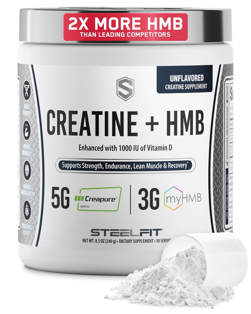 SteelFit Creat HMB σε σκόνη - 5g Creapure Creatine Monohydrate Powder, 3g myHMB & 1000 IU Βιταμίνη D - συμπλήρωμα προπόνησης υποστηρίζει την ανάπτυξη των μυών, τη δύναμη, την ανάκτηση & την ενέργεια - Χωρίς άρωμα, 30 υπηρεσίες