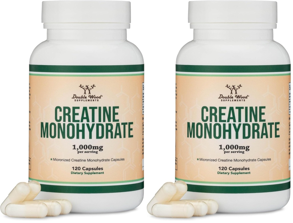 Creatine Monohydrate Κάψουλες - 1g ανά Σερβίρισμα, 120 Count - Χωρίς πληρωτικά, Vegan Safe, Μη ΓΤΟ, Χωρίς γλουτένη με Διπλό Ξύλο (Pack of 2)