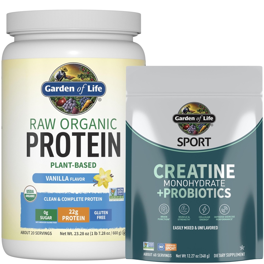 Garden of Life Protein & Creatine Bundle – Vegan Vanilla Protein Powder 20 Servings with BCAAs, Probiotics & Enzymes + Creatine Monohydrate Pre Workout 60 Servings for Muscle, Strength & Performance