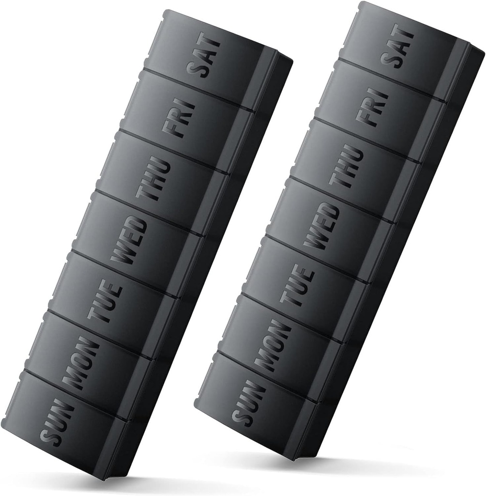 Big Pill Organizer 2 Pack, Easy-Open Weekly Pill Organizer, XL Daily Pill Organziers, 7 Day Medicine Pill Organziers, Medicine Box 7 Day for Large Vitamin Supplements (Double Black)