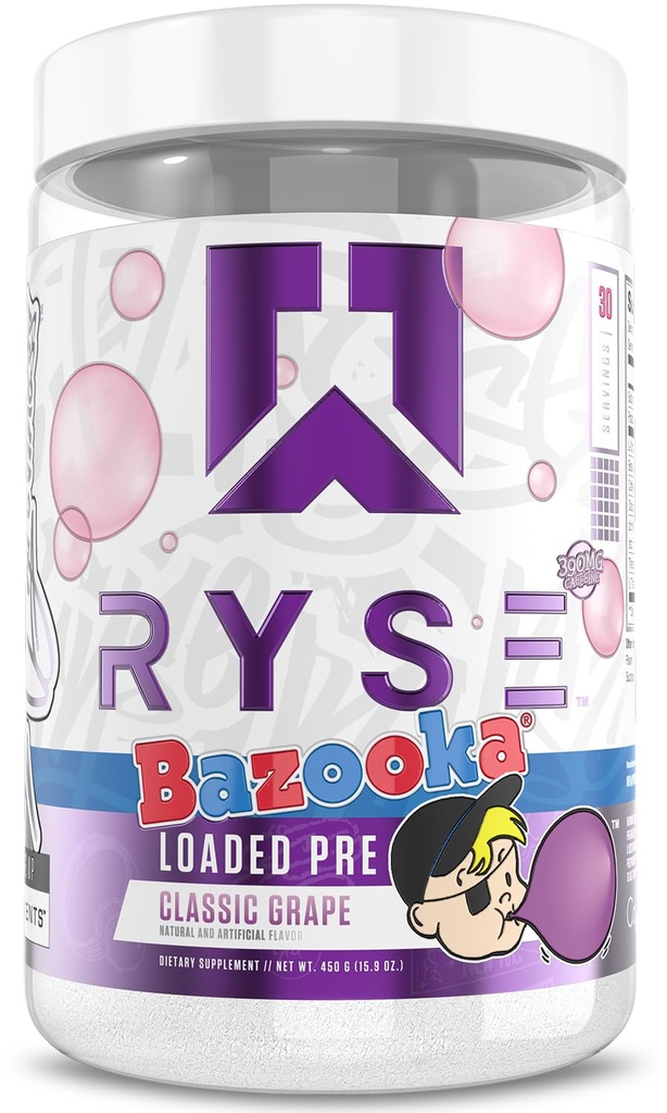 RYSE φορτωμένο πριν από την προπόνηση σε σκόνη - Bazooka Grape - Καθημερινή προετοιμασία για άνδρες και γυναίκες με 390mg καφεΐνη, βήτα αλανίνη, και κιτρουλίνη για αντλία, εστίαση, και ενέργεια - 30 εξυπηρετήσεις