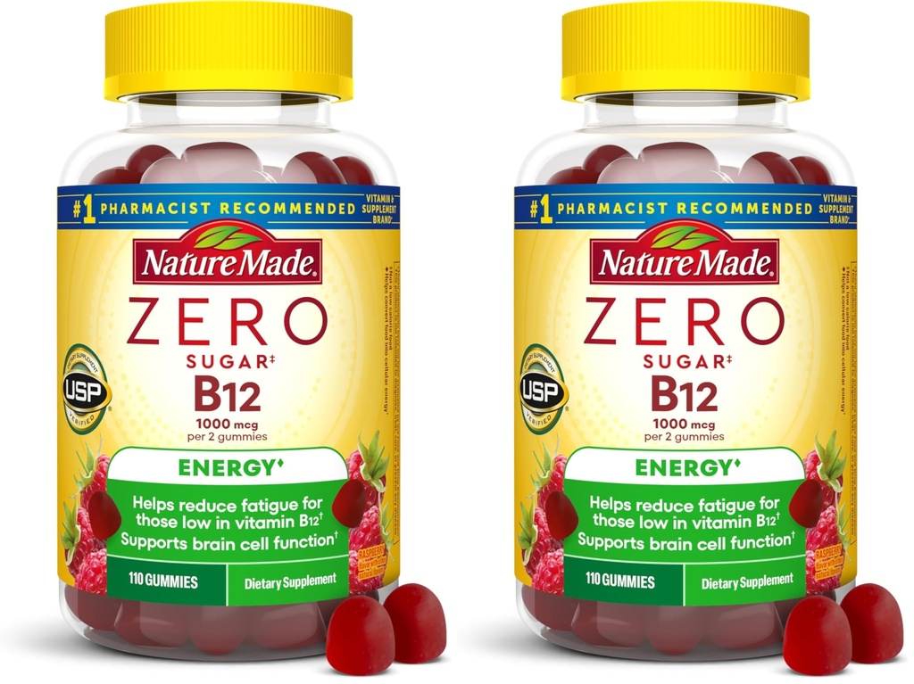 Nature Made Zero Sugar Energy Vitamin B12 Gummies 1000 mcg per Serving,B12 Vitamin,Energy Metabolism Support,Aspartame Free,110 Sugar Free Gummies,55 Day Supply,(Pack of 2)