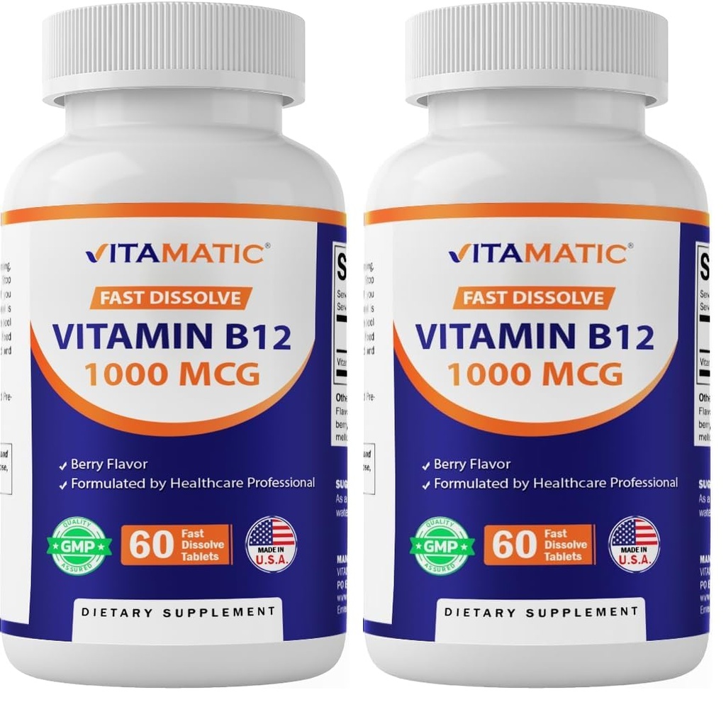 Vitamatic Vitamin B12 1000 mcg Fast Dissolve – 60 Tablets – Natural Berry Flavor – Supports Energy Metabolism & Nervous System Health (Pack of 2)