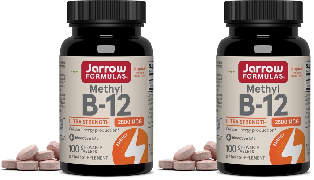 Jarrow Formulas Methyl Vitamin B12 2500 mcg, 100 Chewable Tablets, Tropical Flavored- Bioactive B12 Vitamin - Supports Cellular Energy Production, Brain Health & Metabolism - 100 Servings (Pack of 2)