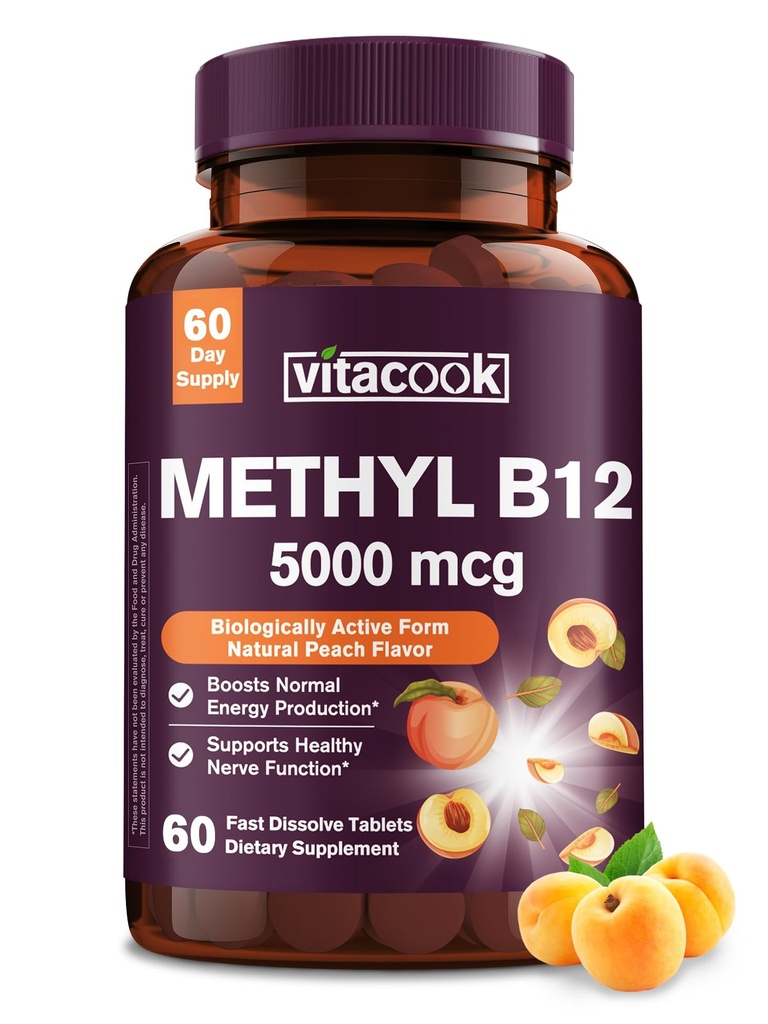 Vitamin B12 Sublingual, Methylcobalamin 5000mcg for Energy Production, Energy, Nerve & Cell Support, Natural Peach Flavor, Vegan, Zero Sugar, 60 Fast Dissolve Tablets