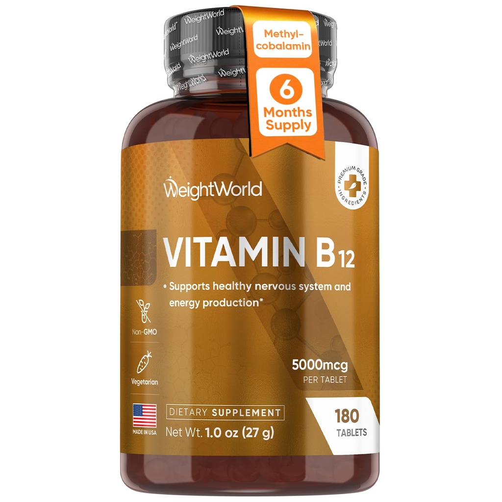 WeightWorld B12 Vitamin 5000mcg | 6-Month Supply | B12 Methylcobalamin for Healthy Nervous System & Energy Production (180 Tablets) | Vegetarian B12 Vitamins for Women & Men, Non-GMO, 1-a-Day