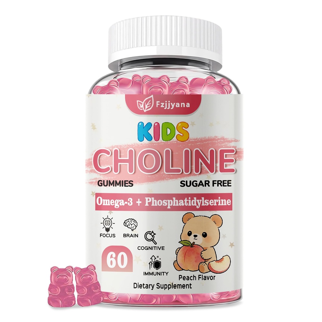 Kids Choline Gummies with Omega 3 (DHA+EPA), Phosphatidylserine for Kids & Teens 4+ with Vitamin D3, B6 & B12 for Brain Health, Focus, Immune Support, Sugar-Free, Vegan, Peach Flavor - 60 Count