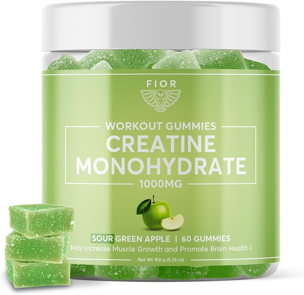 FIOR Creatine Gummy - Best Creatine Monohydrate Μασώμενο, 60 Count, προπόνηση & συμπλήρωμα πρωτεϊνών, Γνωστική Ενίσχυση, Ξινή Πράσινη Γεύσεις Apple, 30 Υπηρεσίες
