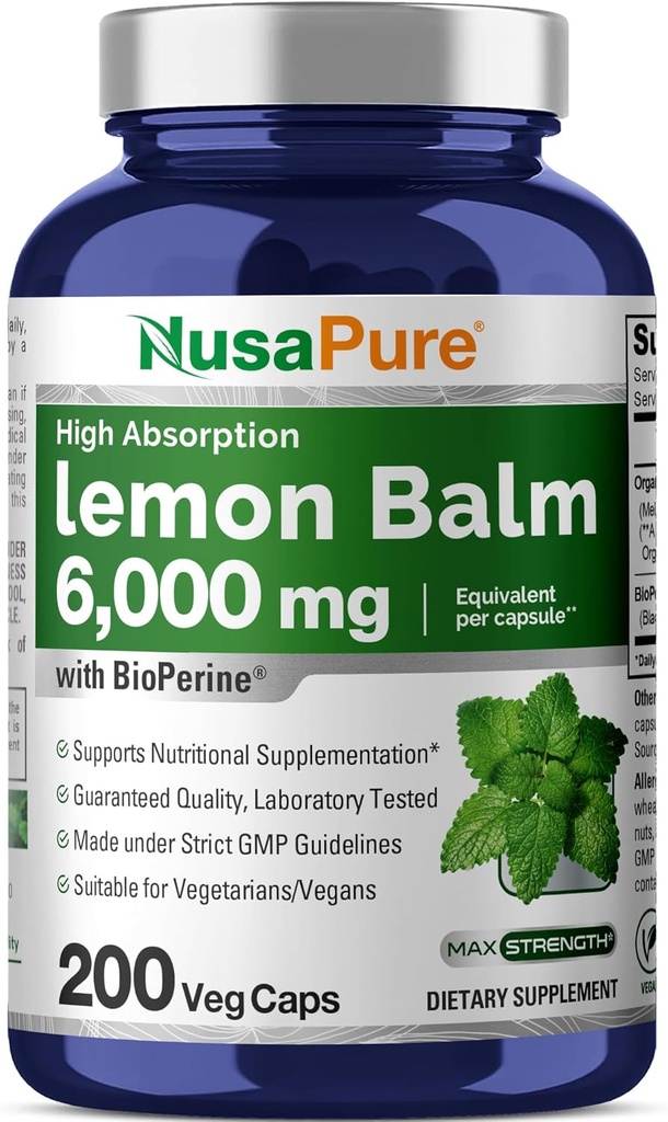 NusaPure Lemon Balm 30:1 Extract, 200 mg Ισοδύναμο με 6000mg Per Vegan Caps - 200 Count Non-GMO, Vegan Bioperine