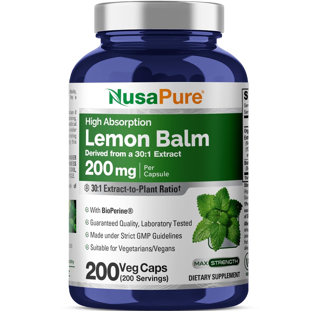 NusaPure Lemon Balm 30:1 Extract, 200 mg Ισοδύναμο με 6000mg Per Vegan Caps - 200 Count Non-GMO, Vegan Bioperine