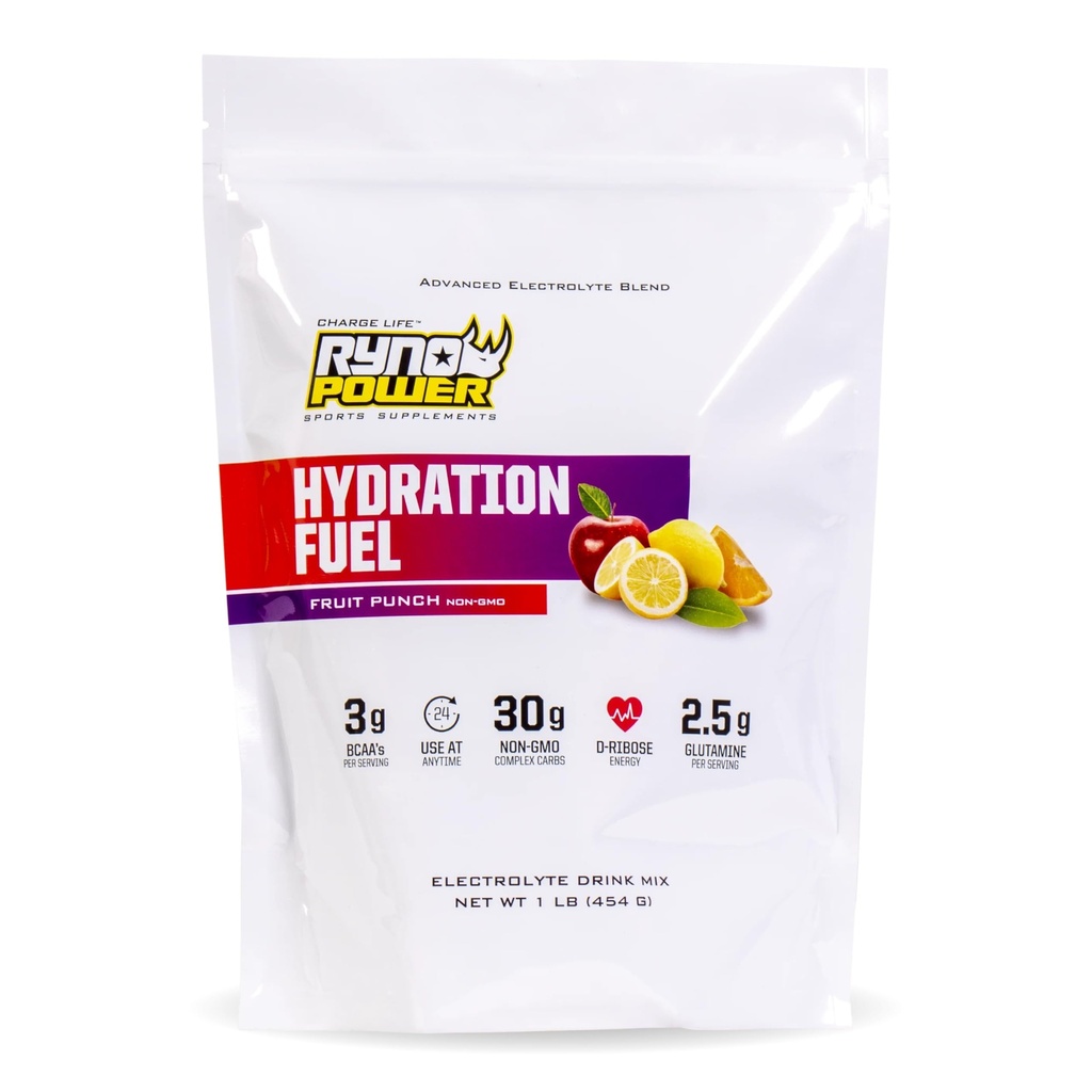 Ryno Power Hydration Fuel Electrolyte Drink Mix 1lb (10 Servings) 'Fruit Punch' - Advanced Electrolyte Formula + BCAA's - Gluten Free - Sustained Energy and Muscle Recovery
