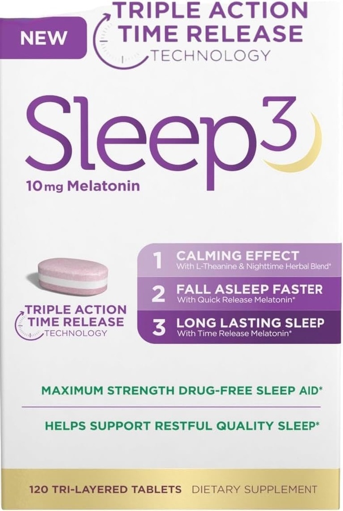 NB Sleep3 Triple Action Time Release Μελατονίνη Sleep Aid, 10mg, Μέγιστη Δύναμη, Χωρίς Ναρκωτικά, 120 Tri-Layered Tablets, με L- Theanine