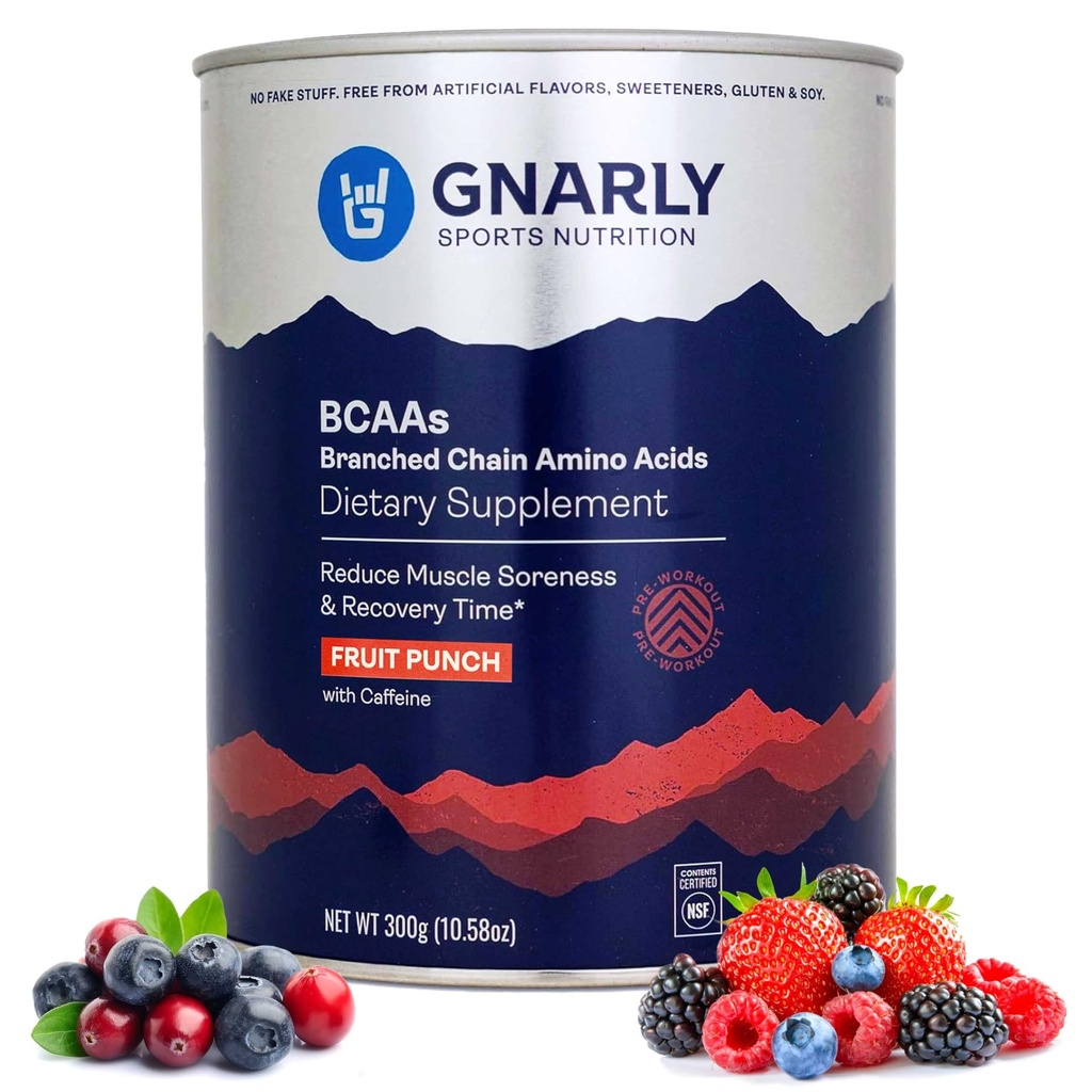 Gnarly Nutrition BCAA Powder, Fruit Punch – Pre-Workout BCAAS Amino Acids – NSF Sport Certified – Supplement to Support and Rebuild Muscle – Fruit Punch with Caffeine, 10.58 oz