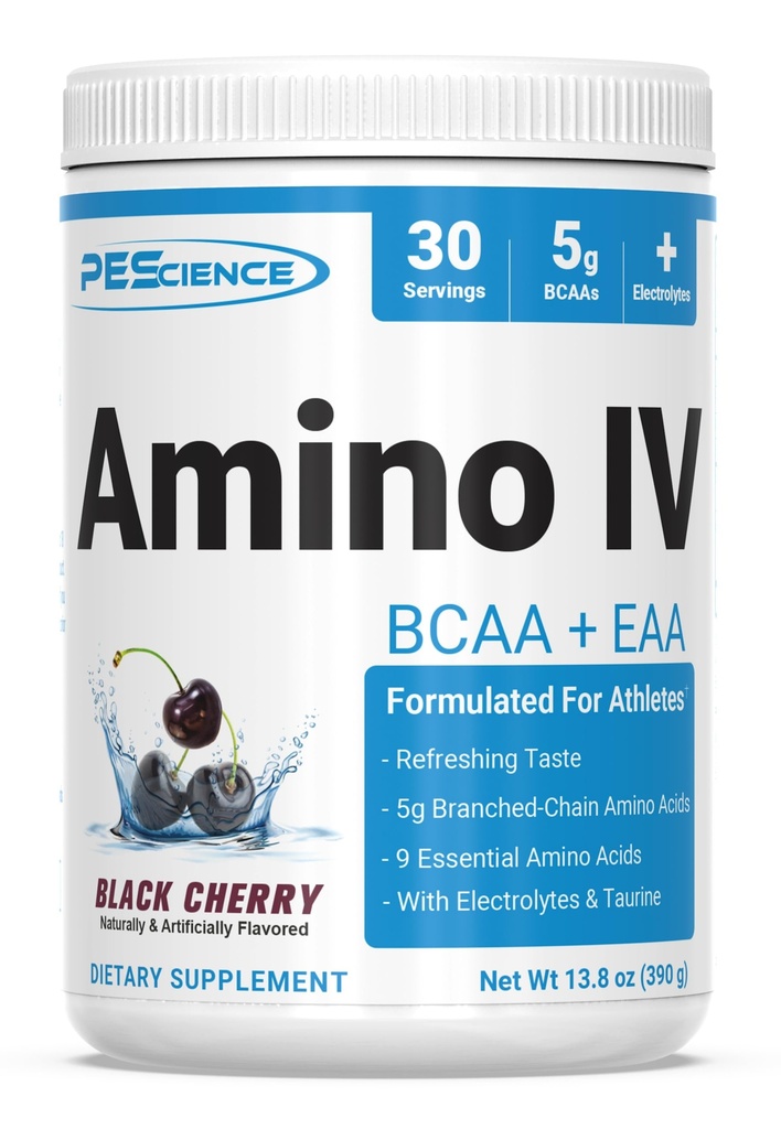 PEScience Amino IV BCAA & EAA Powder, Essential Amino Acids, Taurine, Ηλεκτρολύτες για την ενυδάτωση και την αποκατάσταση των μυών, Ζάχαρη Δωρεάν για άνδρες & γυναίκες, Post προπόνηση - Μαύρο κερασάκι, 30 Υπηρεσίες