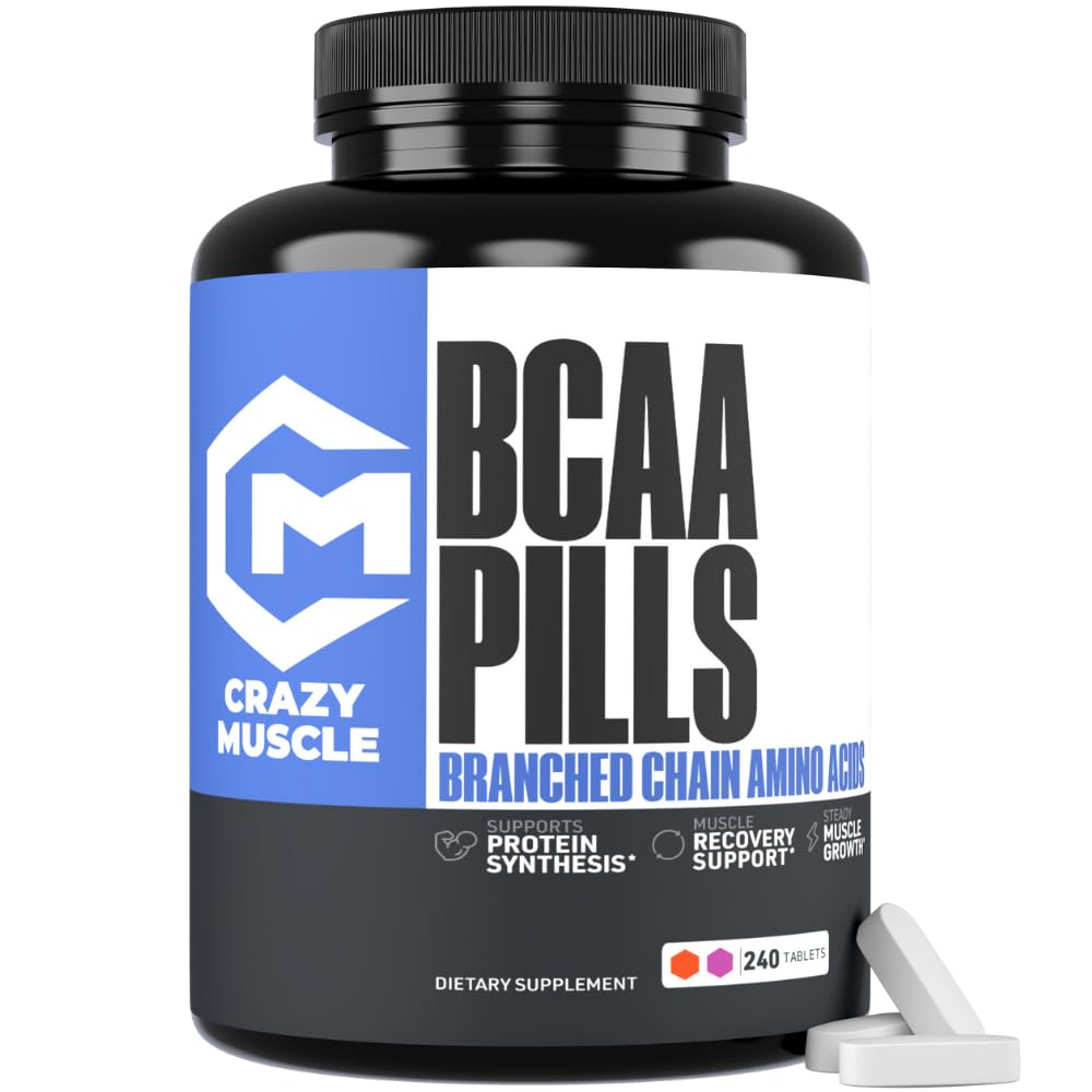 Crazy Muscle 3000mg BCAA Χάπια (80 ημέρες προμήθεια) με το Optimum 2:1:1 Λόγος της διακλαδισμένης αλυσίδας Αμινοξέα για την αποκατάσταση και την ανάπτυξη, 1000mg BCAAs ανά χάπι (Περισσότερο από BCAA κάψουλες) 240 δισκία