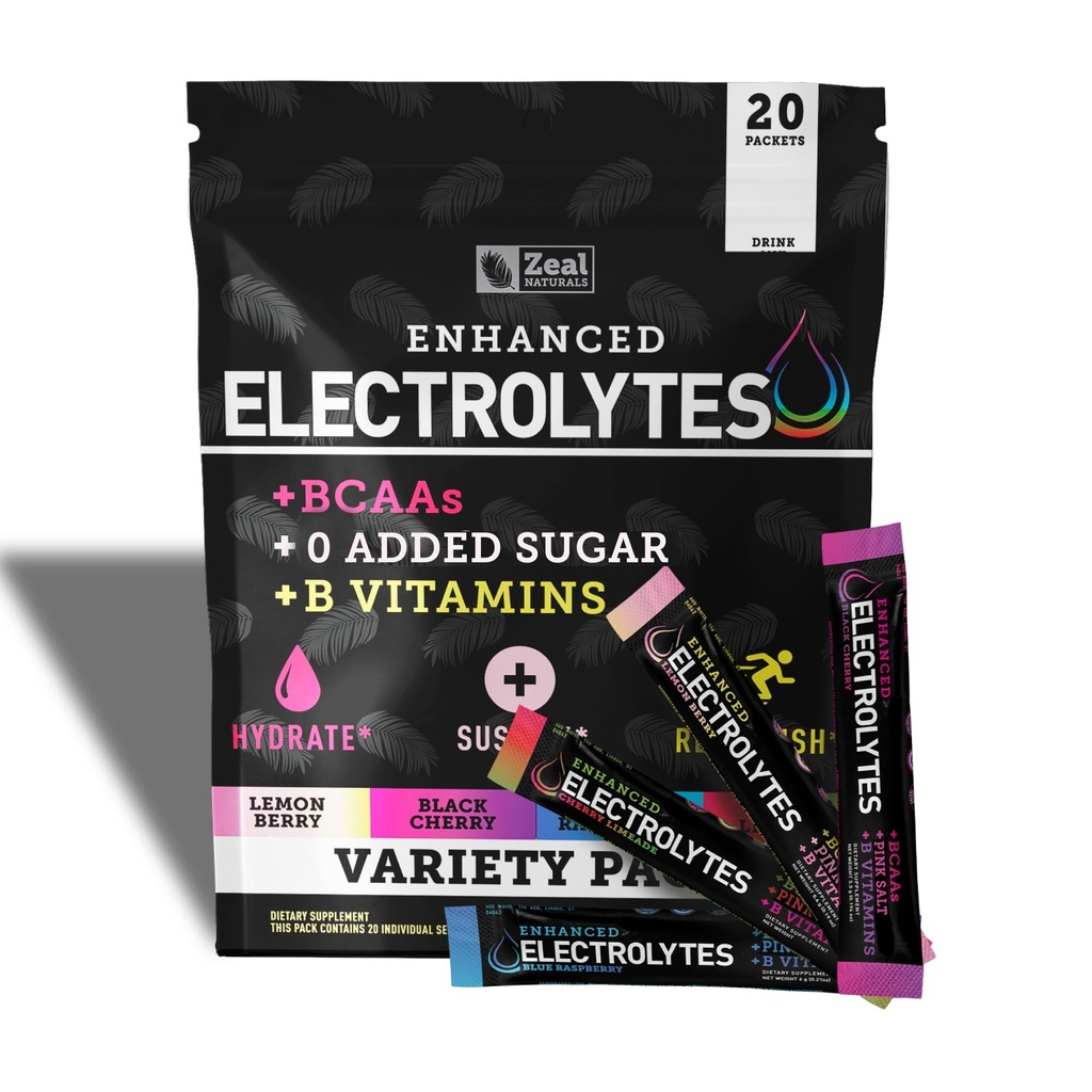 Zeal Naturals Enhanced Electrolyte Stick Packs (Variety Pack - 20 Packets) Ζάχαρη Δωρεάν + BCAA B-Vitamins & Pink Αλάτι Ιμαλαΐων - Keto Electrolytes, Hydration Powder