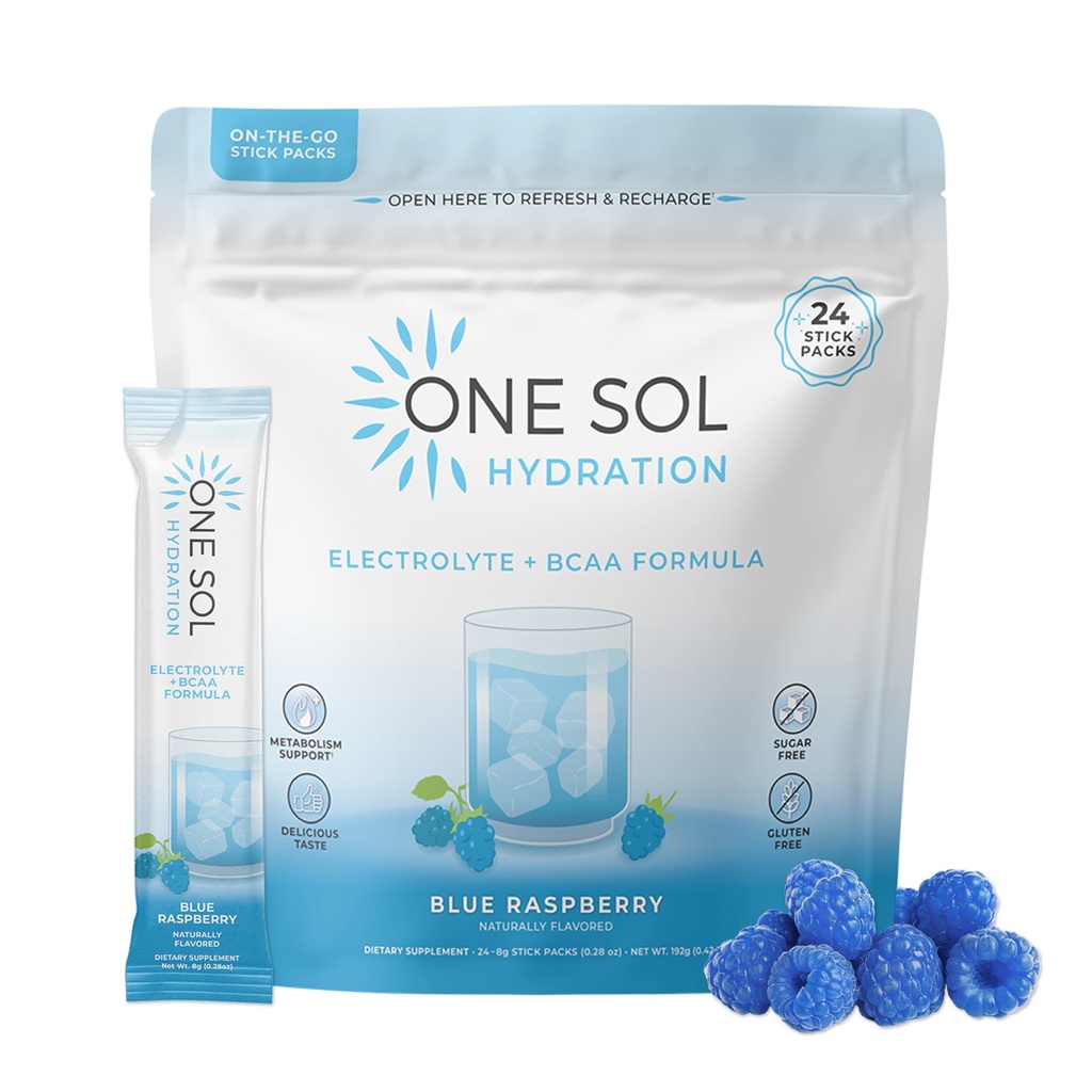 One Sol BCAA & Electrolyte Powder for Hydration & Energy, All-Natural Formula, 100% Vegan, Non-GMO, Gluten Free & Soy-Free, Promotes Muscle Growth & Recovery, Natural Blue Raspberry Flavor