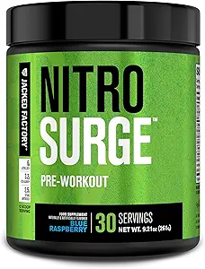 Jacked Factory NITROSURGE Pre Workout Supplement - Energy Booster, Instant Strength Gains, Clear Focus & Intense Pumps - NO Booster & Powerful Preworkout Energy Powder - 30 Servings, Blue Raspberry