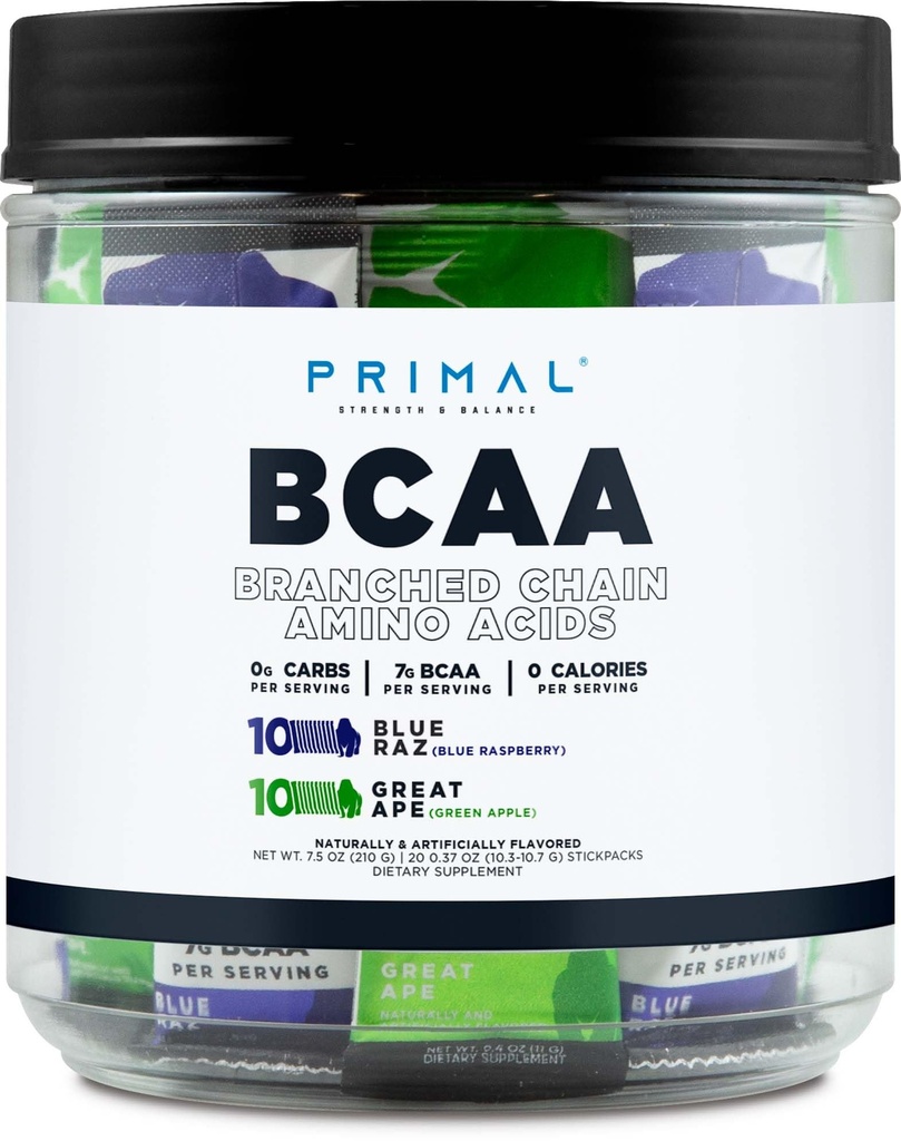 Primal BCAA Variety Pack, Blue Raspberry + Great Ape Green Apple Flavored (20 Stickpacks) - 7G BCAA ανά υπηρεσία, Διακλαδισμένη αλυσίδα Αμινοξέα