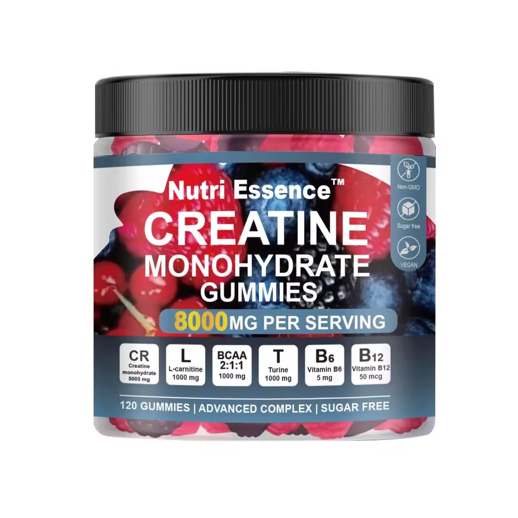 Μονοένυδρη κρεατίνη Gummies, Sugar Free Advanced Complex, 8000mg με BCAA, L-Καρνιτίνη, Ταυρίνη, B6, B12, 120 Count
