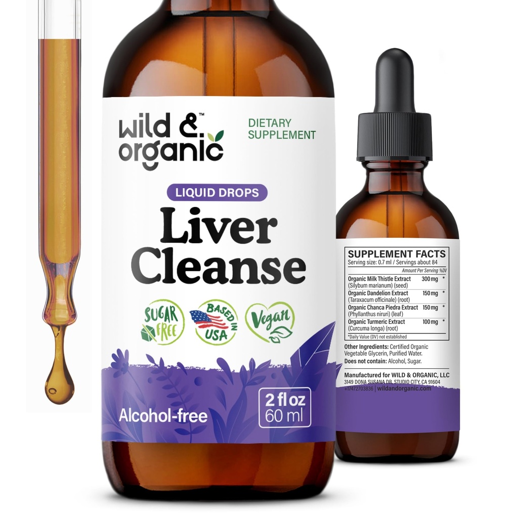 Wild & Organic Liver Cleanse Tincture - Liver Detox Formula with Milk Thistle, Dandelion Root, Chanca Piedra Stone Breaker Extract - Herbal Supplement - Vegan, Sugar & Alcohol-Free Liquid Drops - 2 oz