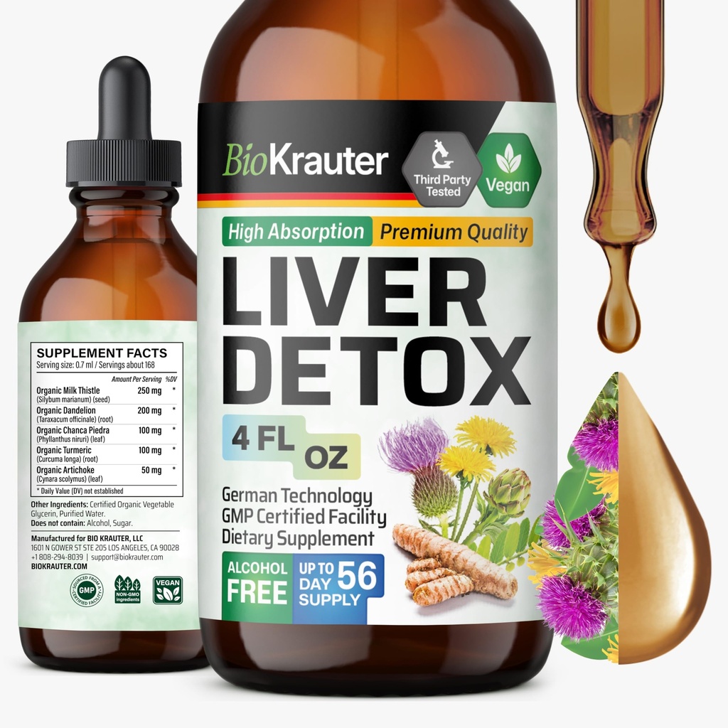 BIO KRAUTER® Liver Cleanse Detox & Repair* - Vegan Liquid Liver Support with Milk Thistle, Chanca Piedra, Turmeric, Dandelion Root & Artichoke 700 mg - 4 Fl.Oz 56-Ημέρα προσφοράς - Αλκοόλ & Ζάχαρη Δωρεάν