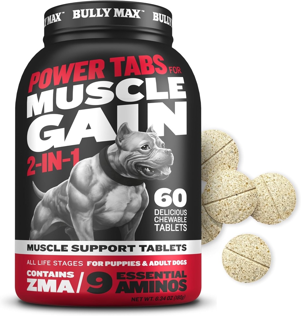 Bully Max 2-in-1 Muscle Builder μασώμενα δισκία για κουτάβια & ενήλικα σκυλιά - Puppy & Dog Βιταμίνες & Συμπληρώματα για την αύξηση των μυών - Ultimate Canine Πολυβιταμίνες για όλες τις Φυλές & ηλικίες - 60 Tabs